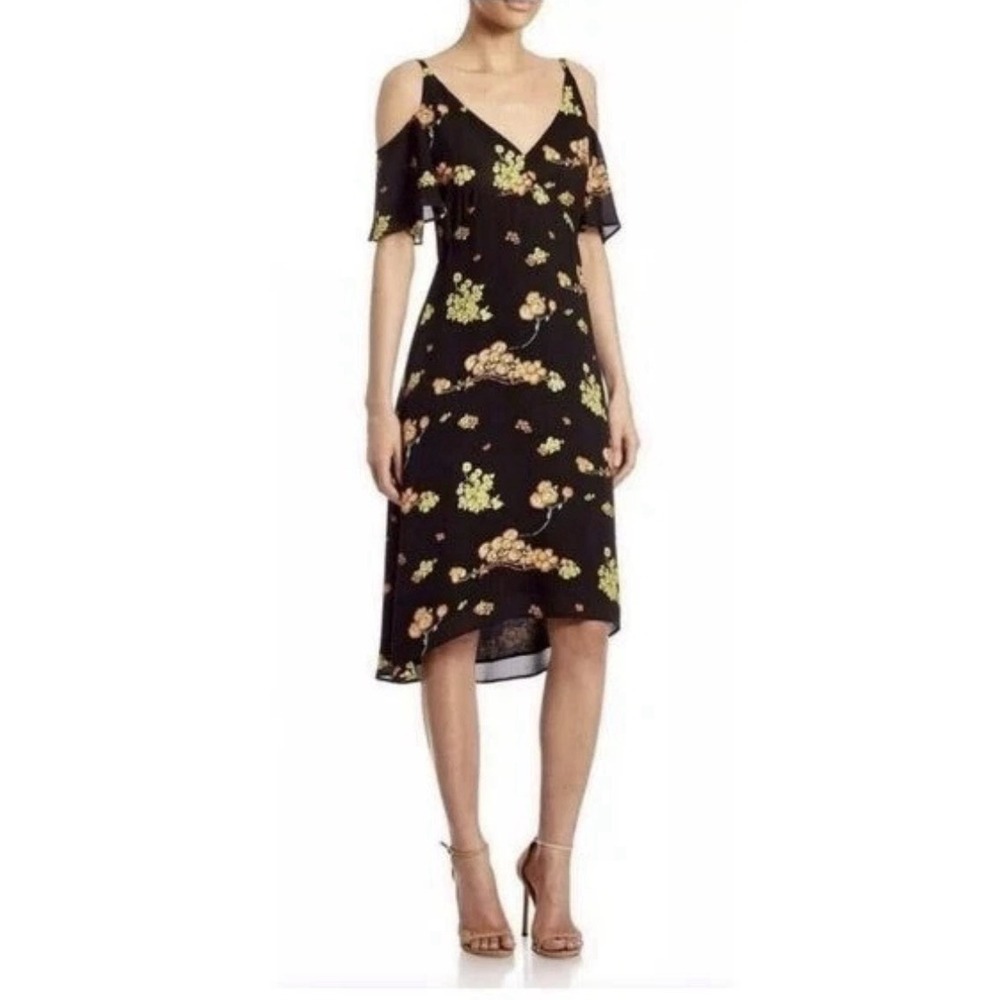 A. L. C. Dress Lucy Black‎ Floral Print Silk Cold Shoulder Sz 0 NWOT Retail $795